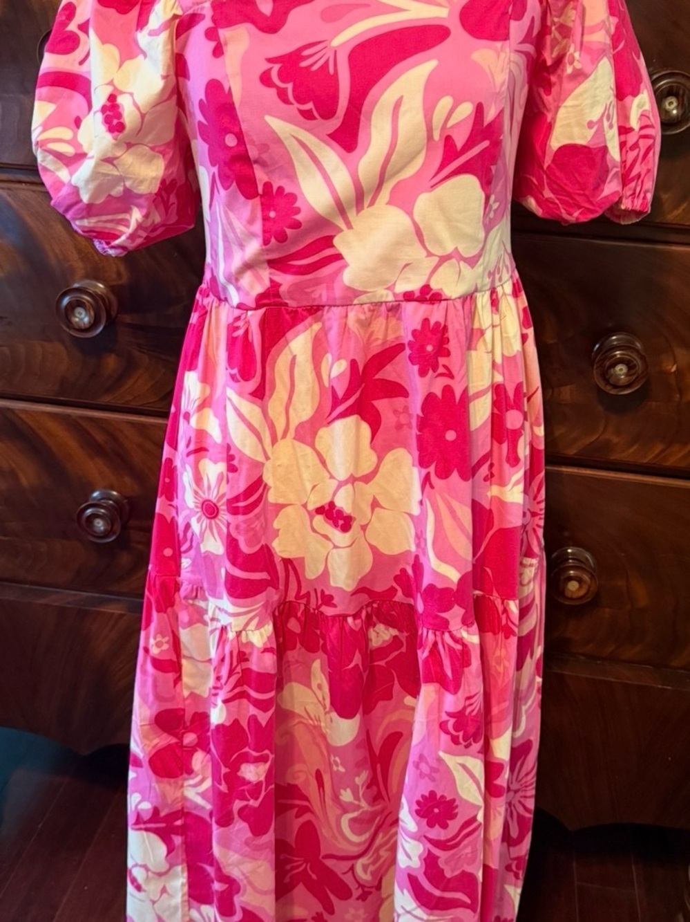 NWOT - Women's Pink Floral Maxi Dress with Puff Sleeves - Resort Casual